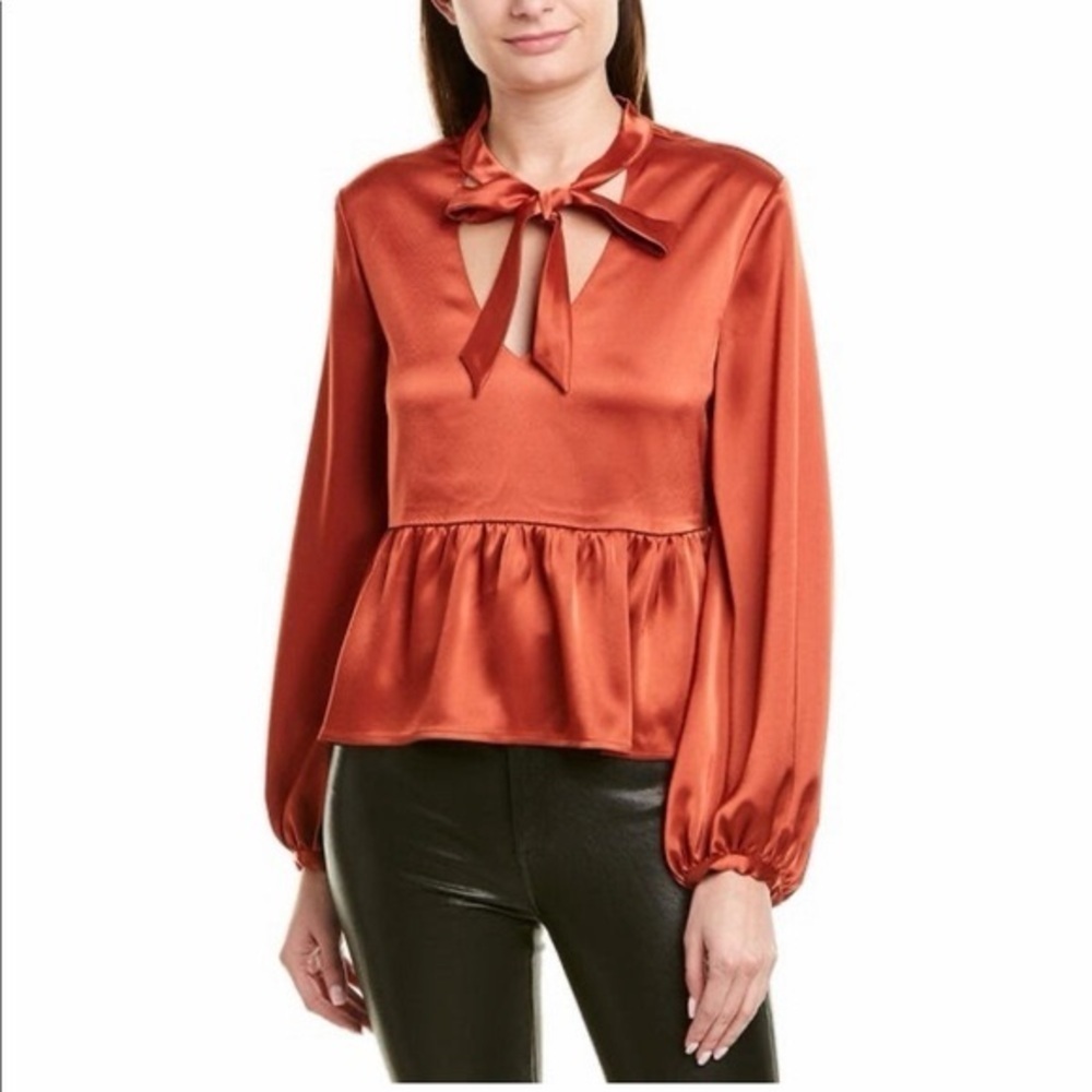 David Lerner Burnt Orange Satin Bow Blouse Ruffle Hem Top size XS - Picture 3 of 7